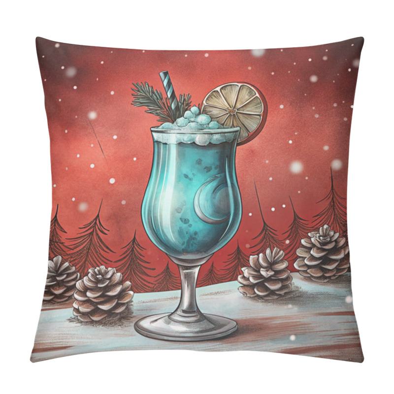 Personality  A Vibrant Icy Blue Cocktail Served In A Tall Glass, Accented With A Lemon Slice, Frosted Decorations, And Set Against A Festive Red Winter Scene With Pinecones. Pillow Covers