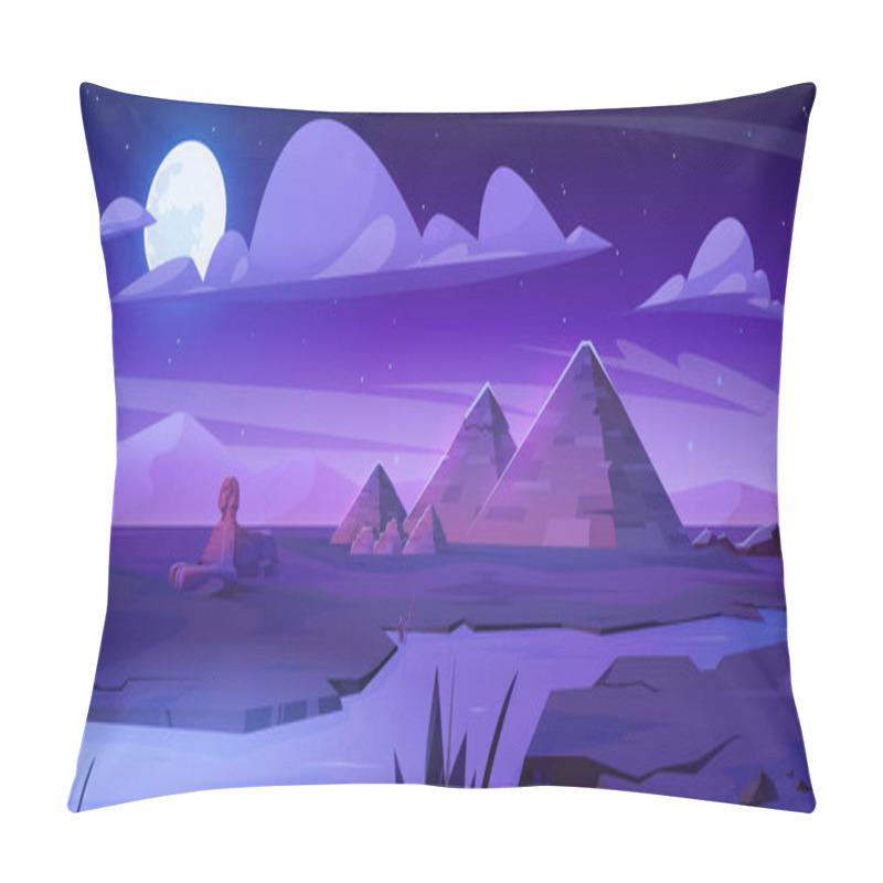 Personality  Pyramids In Egypt Desert Near Nile River Vector Night Cartoon Landscape. Ancient Egyptian Pyramid And Sphinx Landscape With Full Moon Near Cairo. Dark Moonlight Scene With Stars And Sahara Nature. Pillow Covers