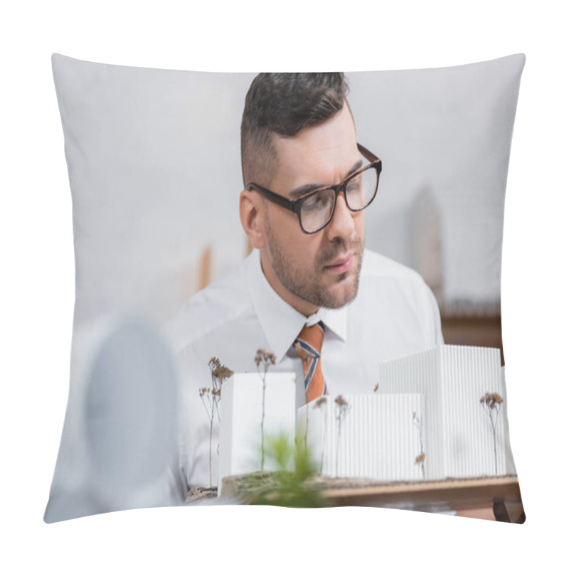 Personality  Serious Architect In Eyeglasses Looking At Buildings Models In Office, Blurred Foreground Pillow Covers