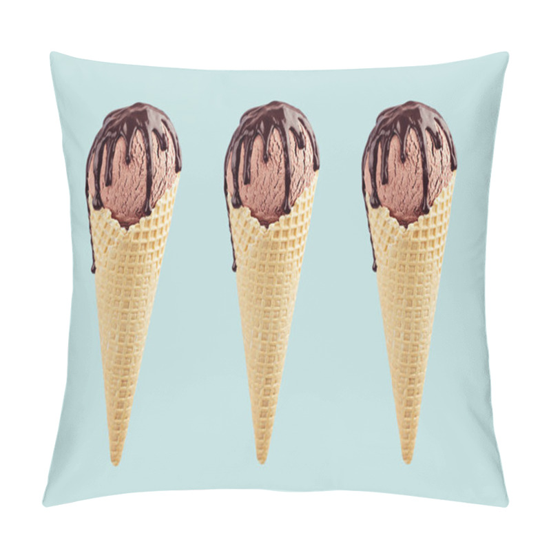 Personality  Set Of Three Brown Ice Cream In Crisp Waffle Cones With Chocolate Sauce On Pastel Green Background, Mock Up. Pillow Covers