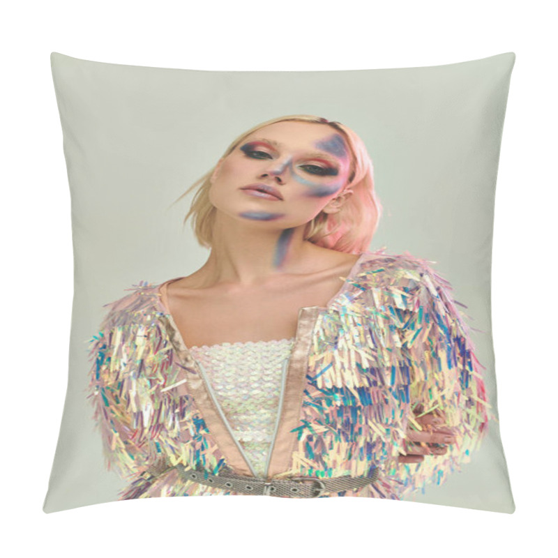 Personality  A Beautifully Dressed Young Woman Showcases Unique Holographic Fashion Flair. Pillow Covers