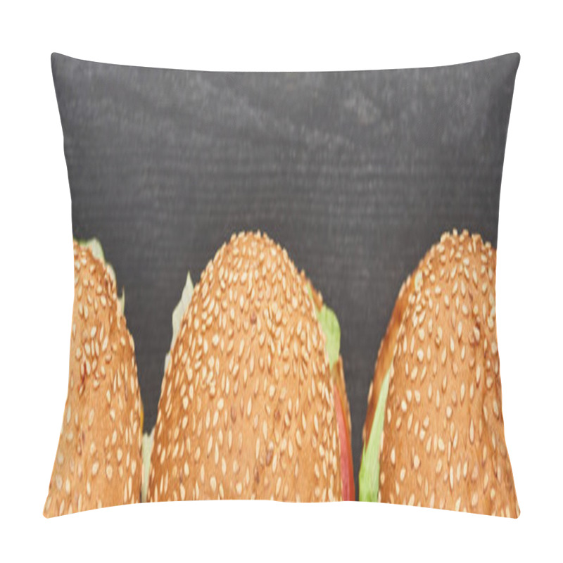 Personality  Top View Of Delicious Fresh Cheeseburgers On Black Table, Panoramic Shot Pillow Covers