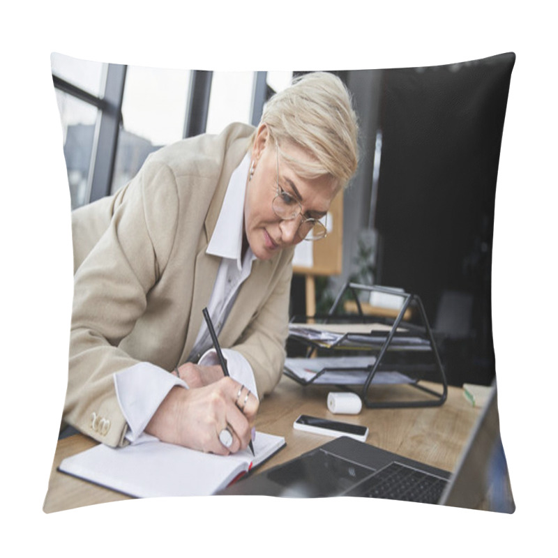 Personality  A Sophisticated Woman In Elegant Attire Focuses Intently As She Takes Notes In Her Modern Workspace. Pillow Covers