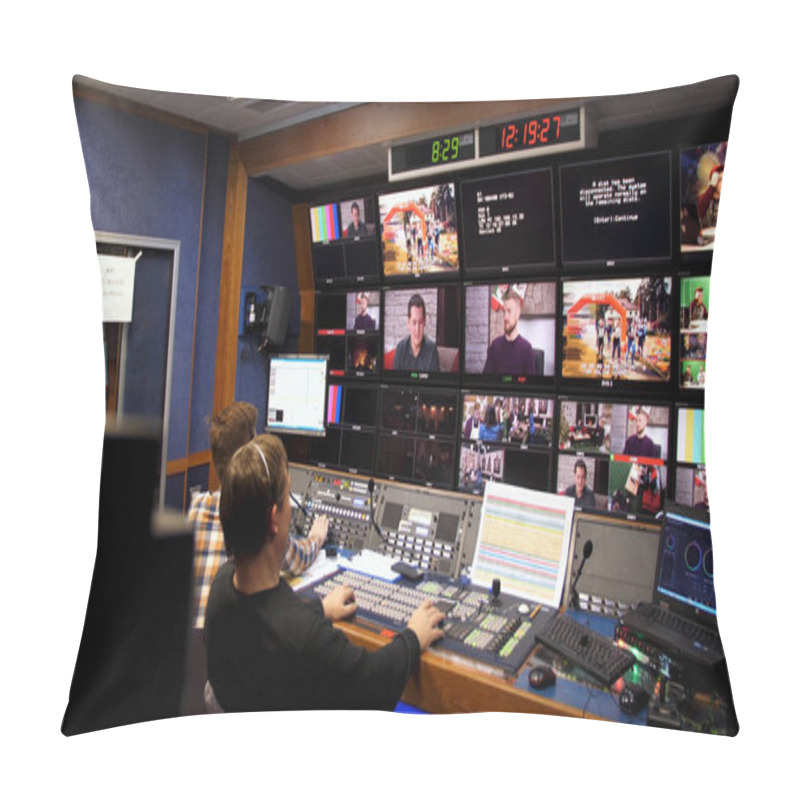 Personality  Russia, Moscow - 12 January, 2017: TV Director At Editor In Studio. TV Director Talking To Vision Mixer In A Television Broadcast Gallery.Man Sat At A Vision Mixing Panel In A Television Studio Pillow Covers