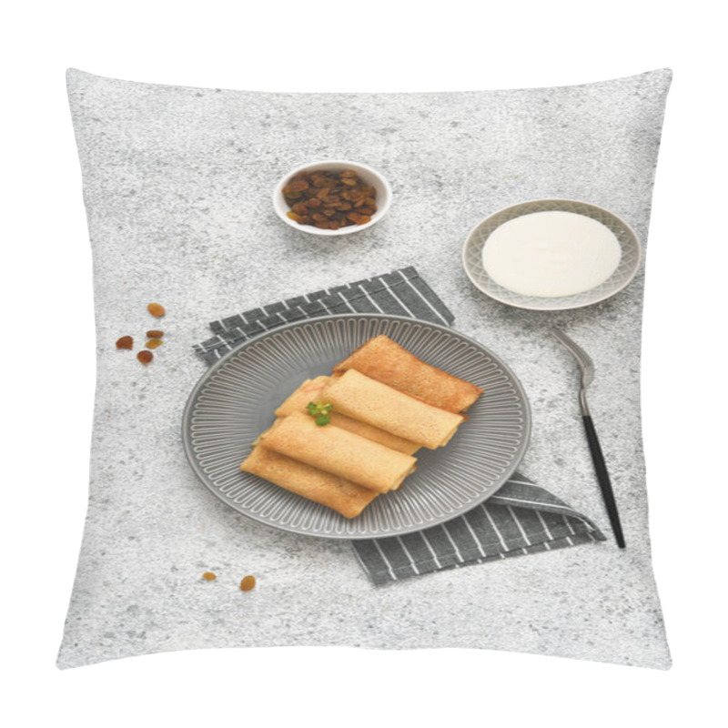 Personality  Thin Pancakes With Filling On A Concrete Background. Platbands. A Traditional Dish Of Belarus And Ukraine. View From Above. Pillow Covers