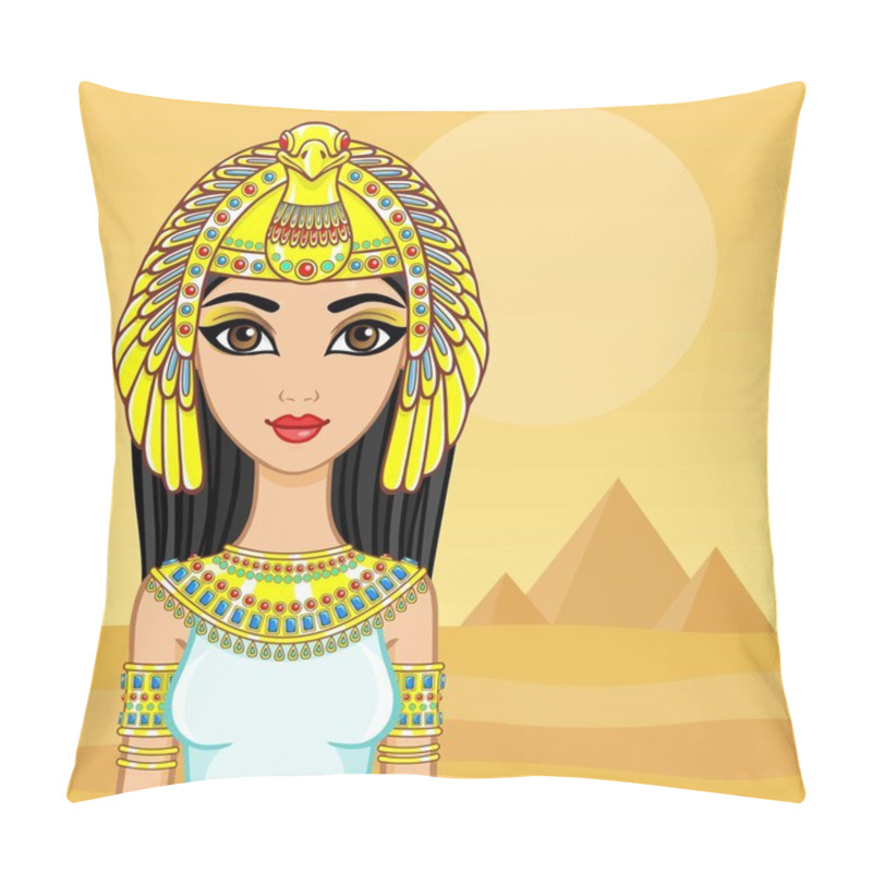 Personality  Animation Portrait Of The Egyptian Queen. A Background - A Landscape The Desert, Pyramids. The Place For The Text. Pillow Covers