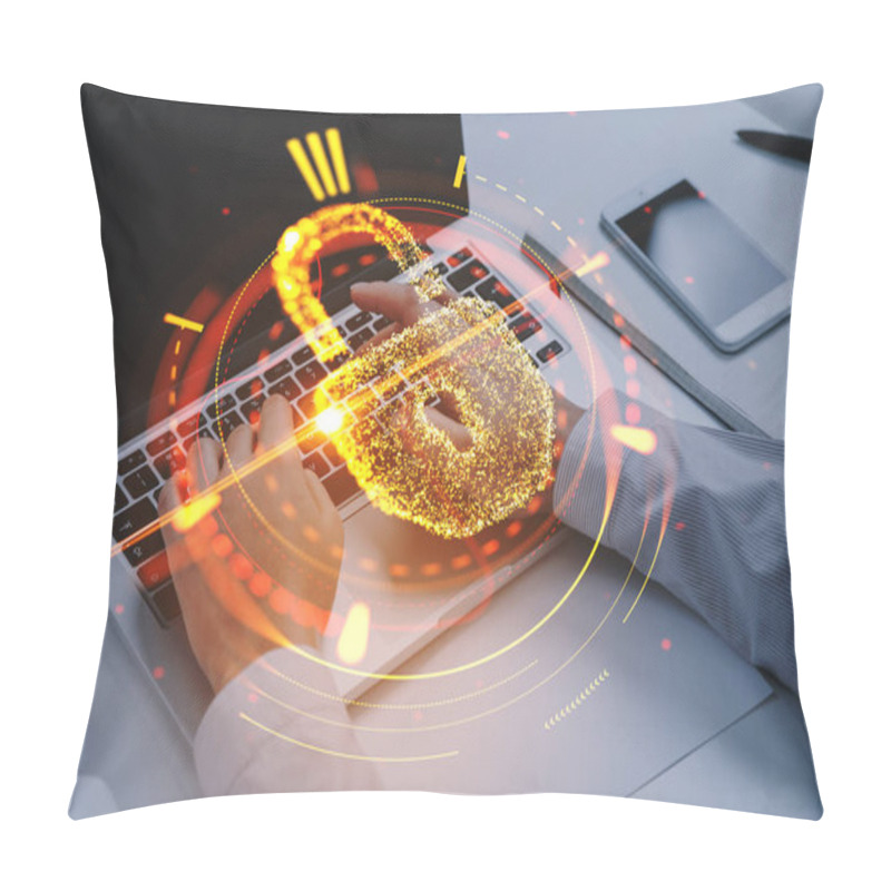 Personality  Top View Of Businessman Fingers Typing On Laptop, Double Exposure Golden Cybersecurity Hologram With Glowing Lock And Circles. Concept Of Internet Security Pillow Covers