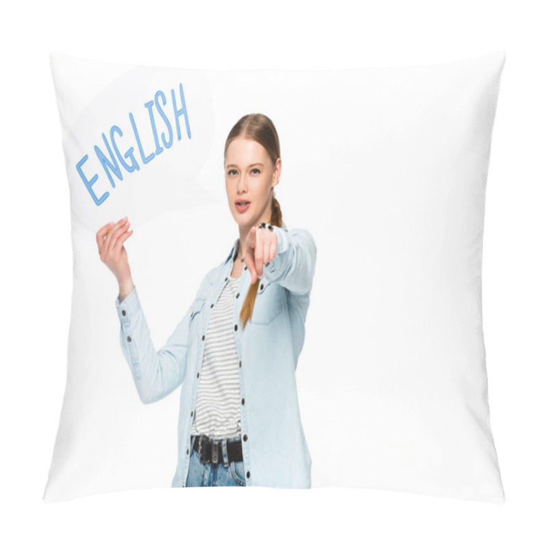 Personality  Girl With Braid Holding Speech Bubble With English Lettering And Pointing At Camera Isolated On White Pillow Covers