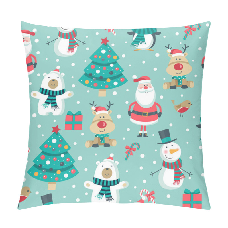 Personality  Set Of Snowmen, Santa Clauses, Christmas Trees, Deer, Bears And Penguins On Green Snowy Background Pillow Covers