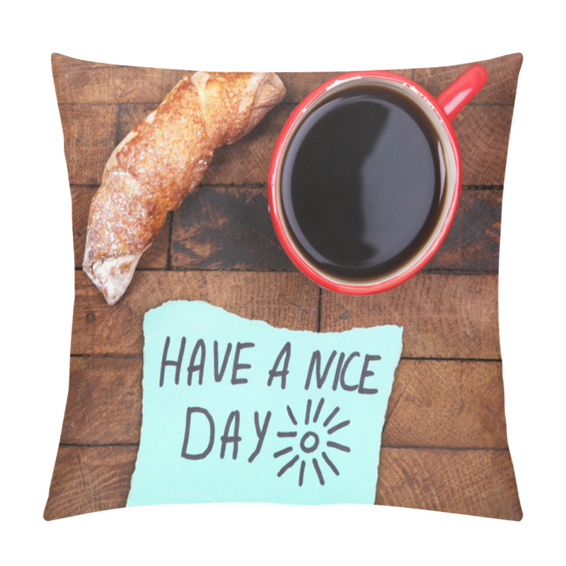 Personality  Composition Of Coffee, Fresh Croissant And Paper Card On Wooden Background Pillow Covers