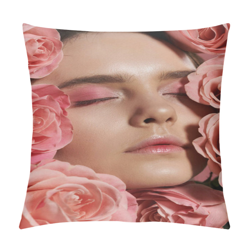 Personality  Close-up Of A Woman With Her Eyes Closed Surrounded By Pink Roses. Pillow Covers