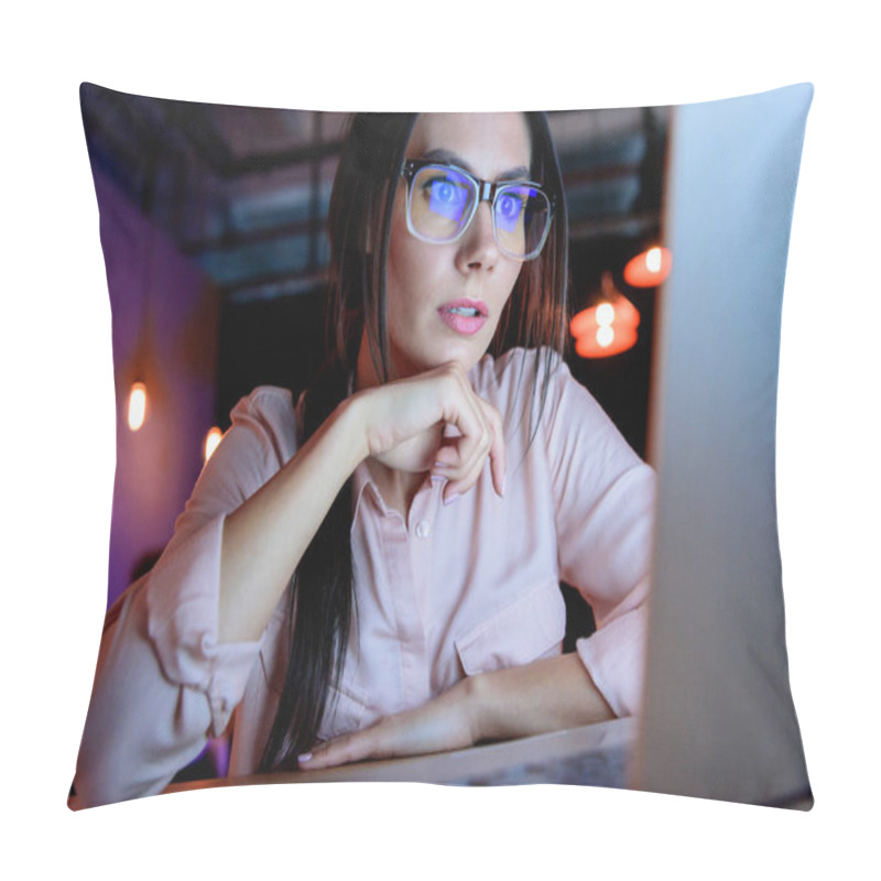 Personality  Caucasian Businesswoman In Glasses Looking At Laptop Pillow Covers