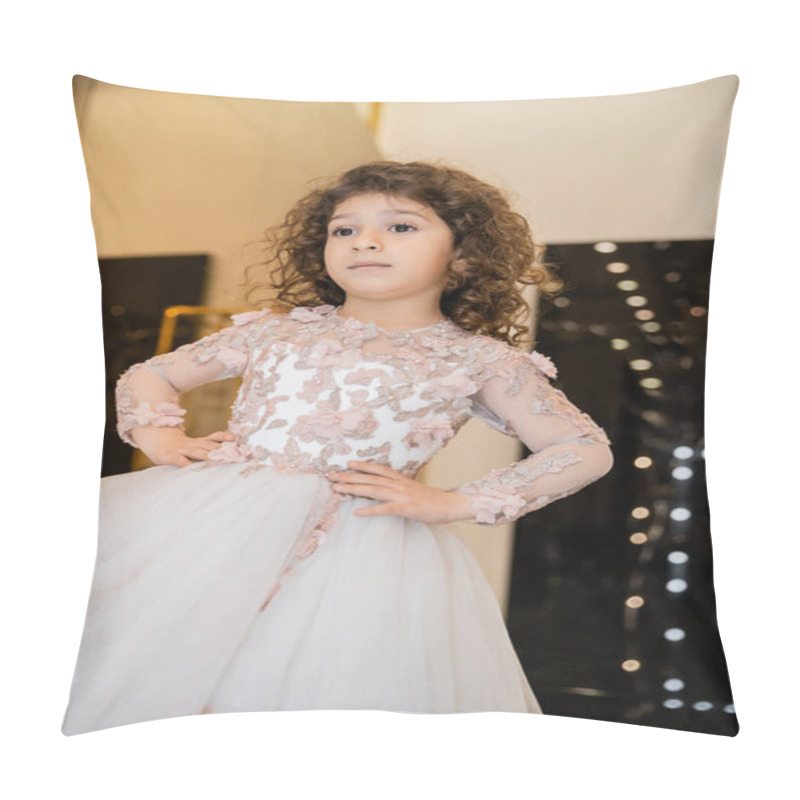 Personality  Curly Middle Eastern And Little Girl In Floral Dress With Tulle Skirt Standing With Hands On Hips And Looking Away In Bridal Boutique, Preparation For Wedding, Blurred Background, Golden Accents Pillow Covers