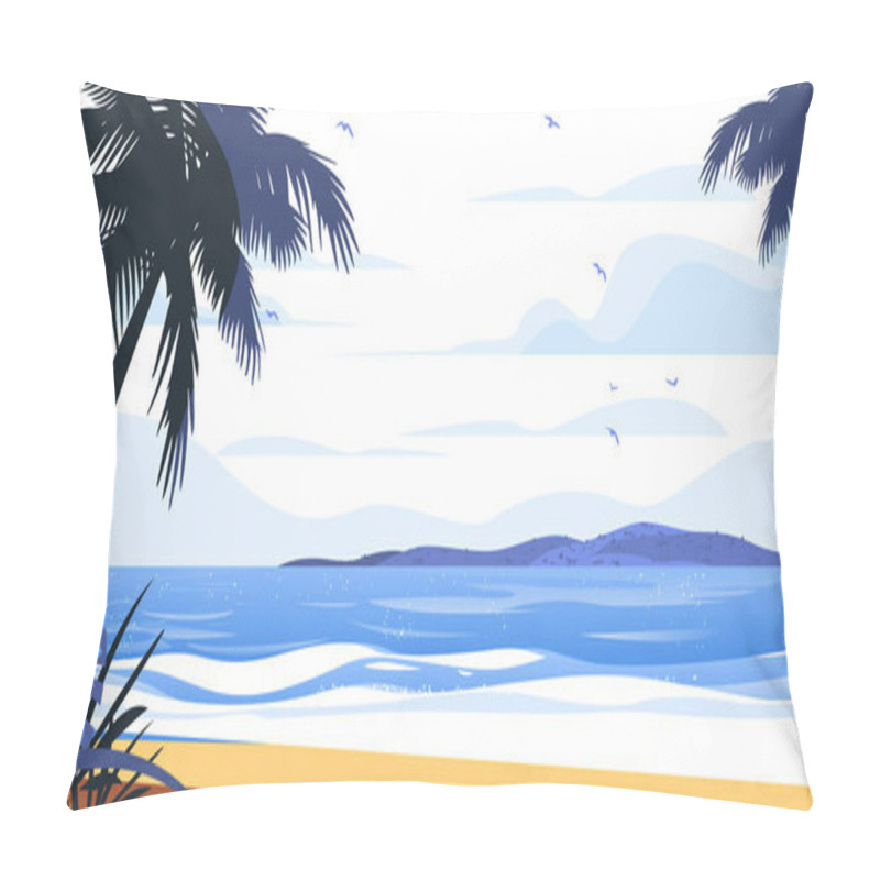 Personality  Beach Landscape With Palm Trees Tropical Island Ocean Waves And Birds Serene Coastal Scenery Blue And Yellow Color Scheme Nature Illustration For Website Banner Vector Illustration Pillow Covers