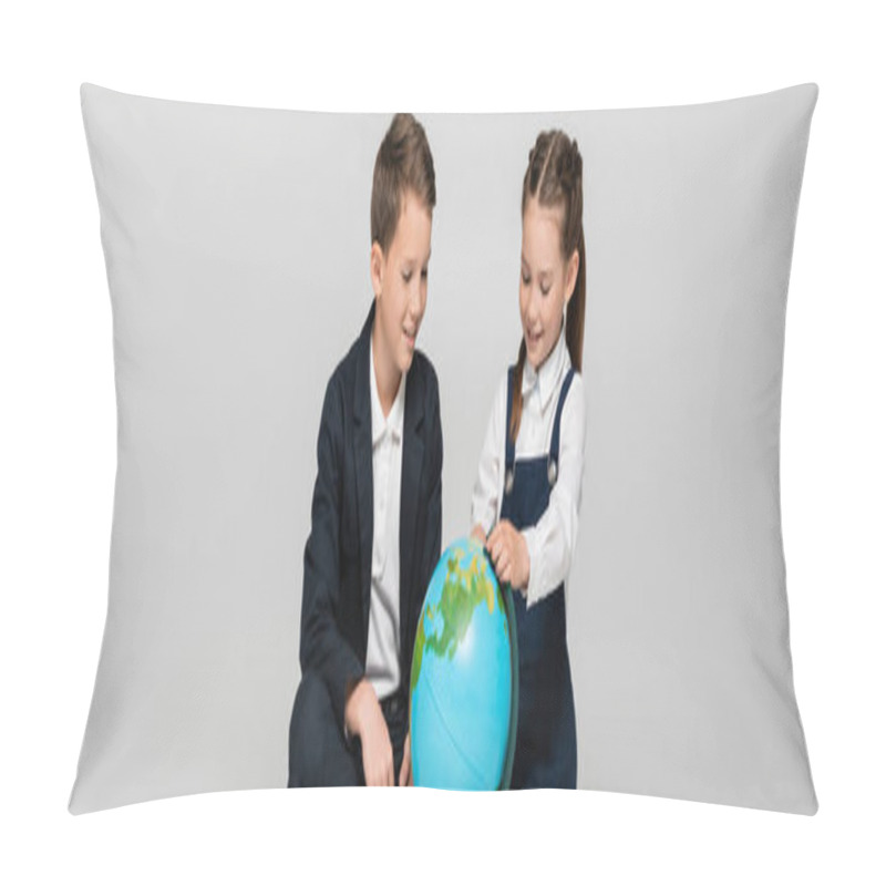 Personality  Happy Schoolgirl And Schoolboy Looking At Globe Isolated On Grey, Banner Pillow Covers