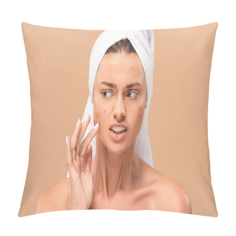 Personality  Upset Nude Girl In Towel Touching Acne On Face Isolated On Beige  Pillow Covers