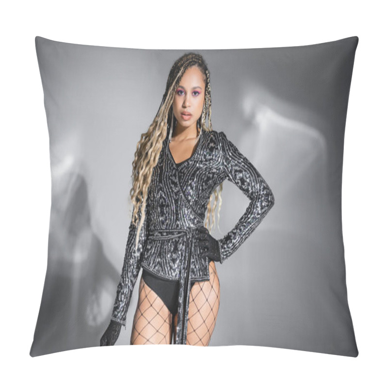 Personality  Diversity, Dark Skinned Woman With Bold Makeup Posing With Hand On Hips On Grey Background, Style Pillow Covers