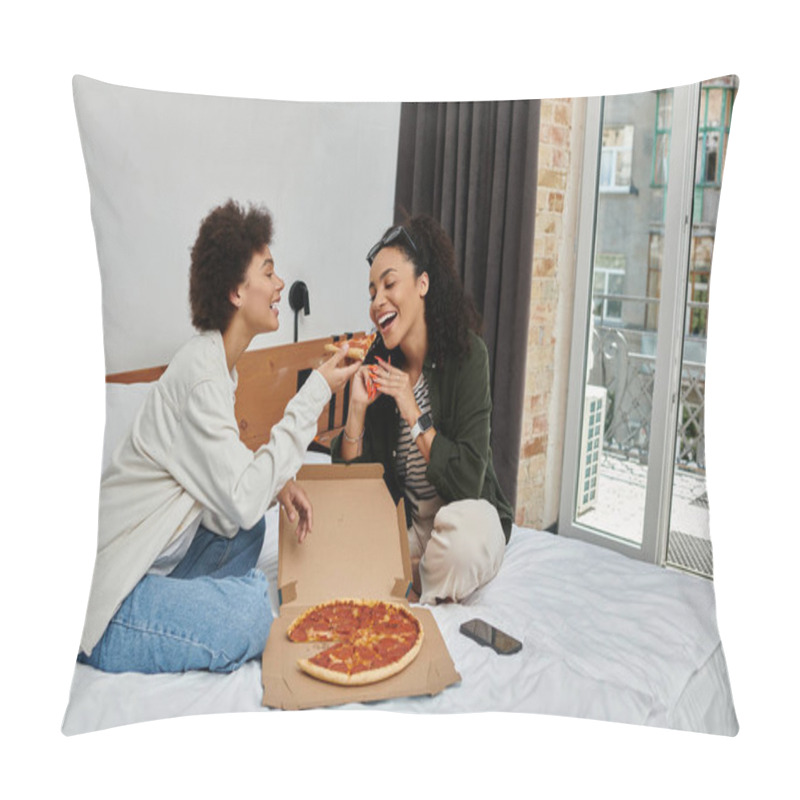 Personality  A Happy Couple Shares Slices Of Pizza, Laughing And Enjoying Each Others Company In Their Hotel Room. Pillow Covers