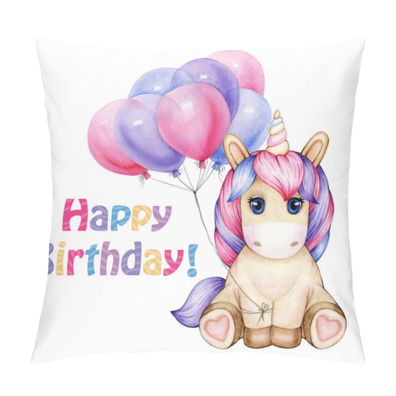 Personality  Happy Birthday Greeting Card. Cute Unicorn With Balloons. Pillow Covers