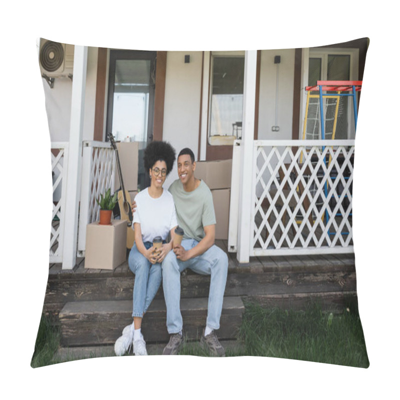 Personality  Smiling African American Couple Holding Coffee To Go Near Packages On Porch Of New House Pillow Covers