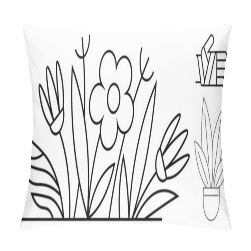 Personality  Flowering Plants With Large Central Bloom And Surrounding Leaves. Upper Right Corner Features A Thumbs-up Hand Gesture And A Potted Plant. Ideal For Gardening, Nature, Minimalism, Simplicity Pillow Covers