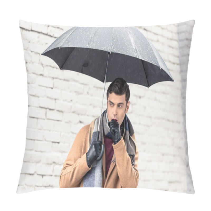 Personality  Stylish Man In Coat And Scarf With Umbrella Standing In Front Of Brick Wall On Street Pillow Covers