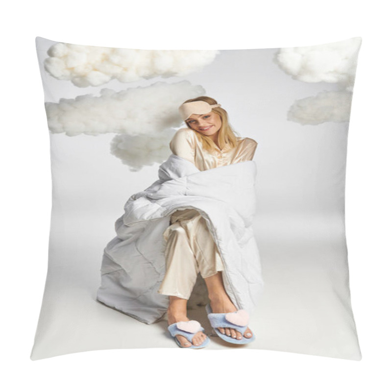 Personality  Serene Woman In Cozy Attire Rests On A Fluffy Cloud-covered Ground. Pillow Covers