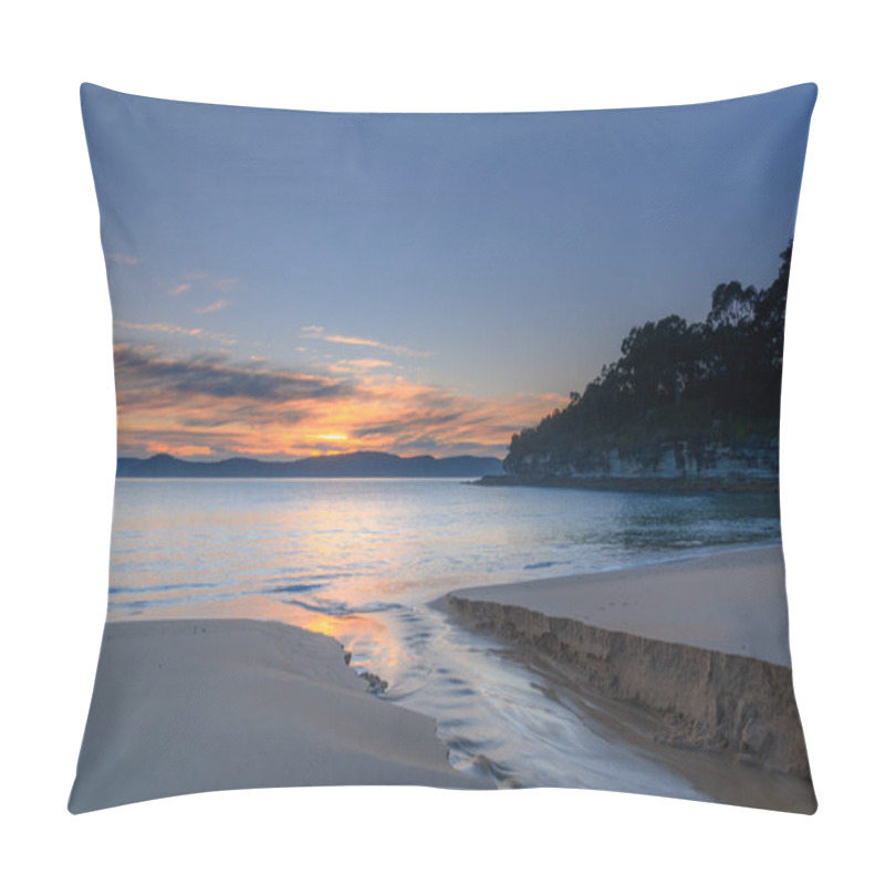 Personality  Calm Seas And Soft Streaky Clouds Greeted Sunrise With Water Trickling From The Lagoon Back Into The Sea At Pearl Beach On The Central Coast, NSW, Australia. Pillow Covers