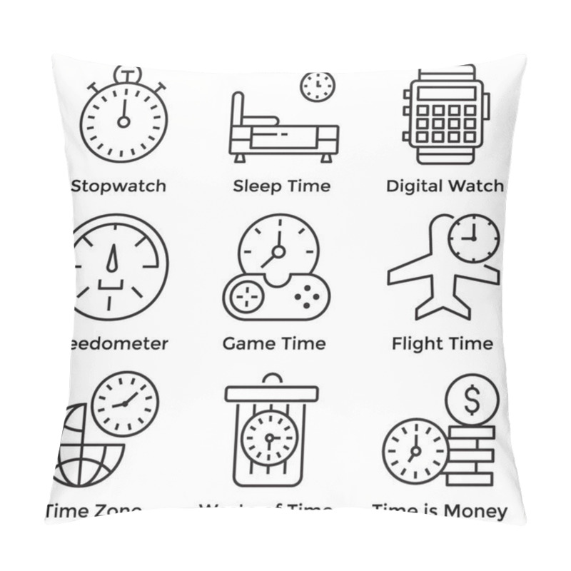 Personality  Clock Line Vectors Having Stopwatch, Speedometer, Flight Time Visuals. Editable Icons Are Exclusively Designed To Meet Your Business Needs Pillow Covers