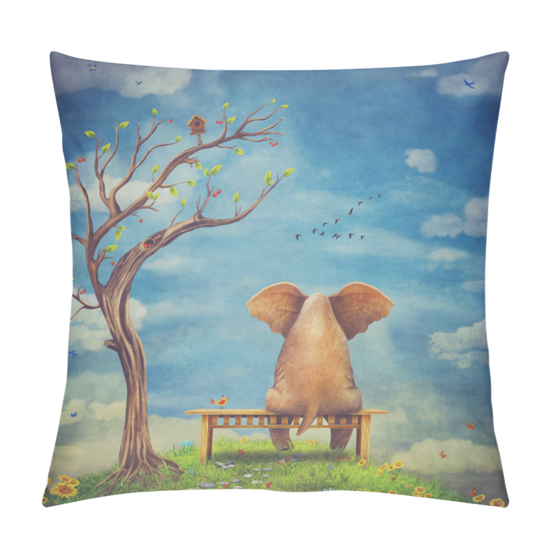 Personality  Sad Elephant Sitting On A Bench On The Glade Pillow Covers