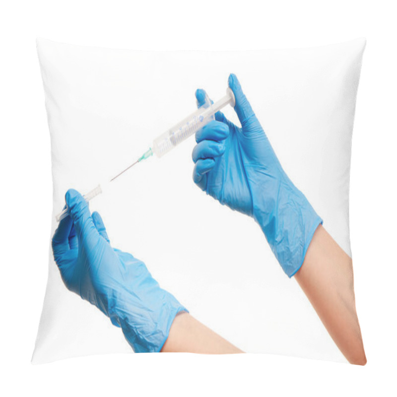 Personality  Close Up Of Female Doctor's Hands In Blue Sterilized Surgical Gloves With Green Plastic Catheter Pillow Covers