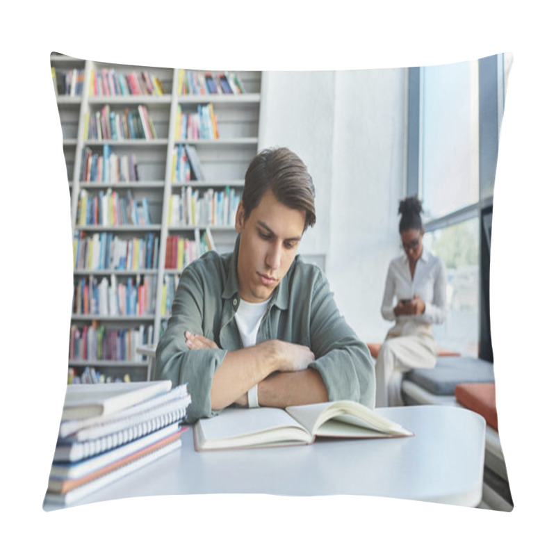 Personality  A Teacher Working On Backdrop And A Young Student Immersed In Reading At A Vibrant Library Space. Pillow Covers