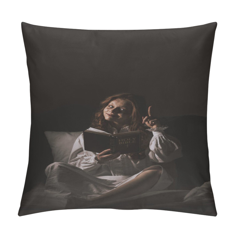 Personality  Demoniacal Girl In Nightgown Reading Bible And Pointing Up On Bed Pillow Covers