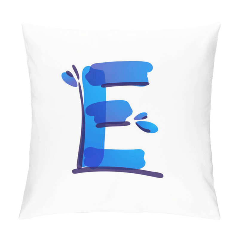 Personality  E Letter Eco Logo With Blue Water Drops Handwritten With A Felt-tip Pen. Pillow Covers