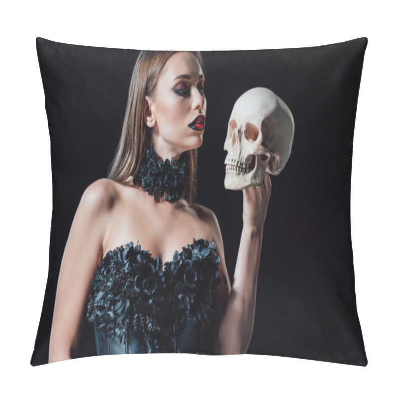 Personality  Scary Vampire Girl In Black Gothic Dress Holding Human Skull Isolated On Black Pillow Covers