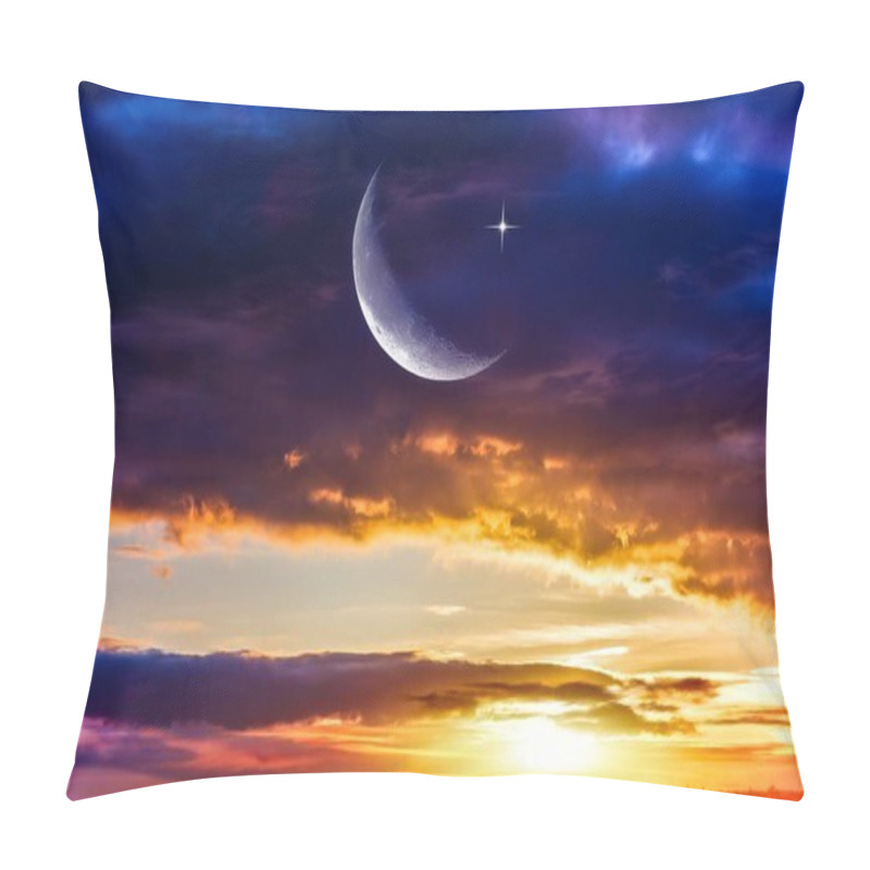 Personality  Moon In Bright Clouds Of Sunset Sun . New Moon .  The Sky At Night With Stars.  Pillow Covers