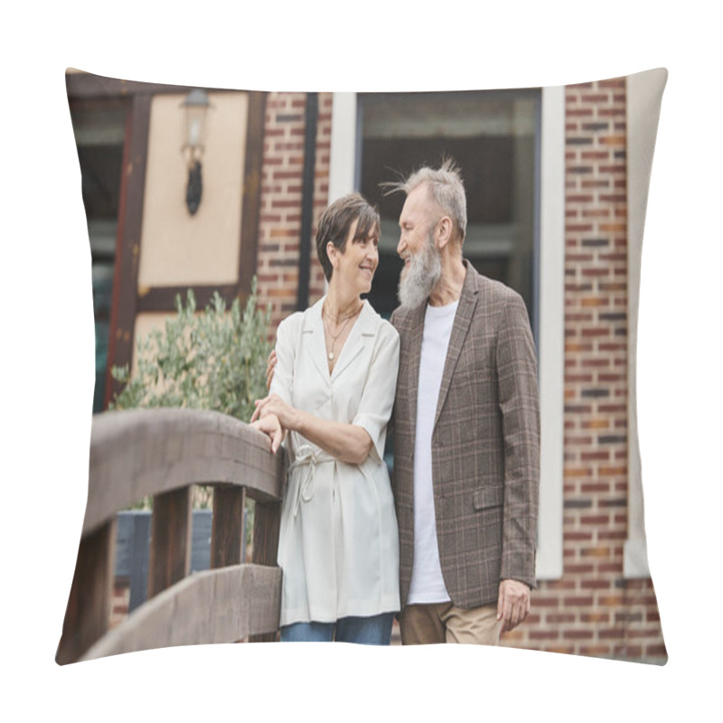 Personality  Happy Bearded Man And Woman Looking At Each Other, Senior Couple, Standing Near Bridge, Romance Pillow Covers