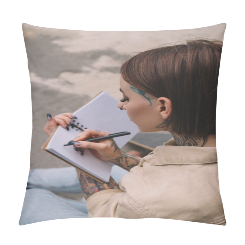 Personality  High Angle View Of Tattooed Young Woman Writing In Blank Notebook  Pillow Covers