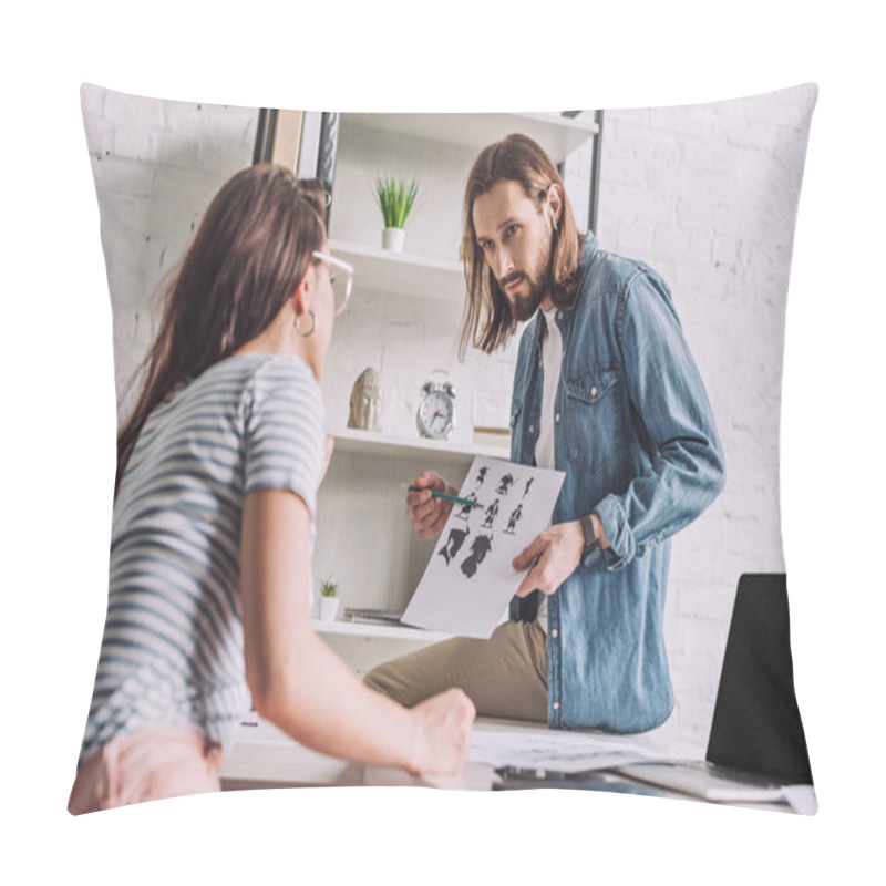 Personality  Selective Focus Of Bearded Illustrator Looking At Woman And Holding Cartoon Sketches  Pillow Covers