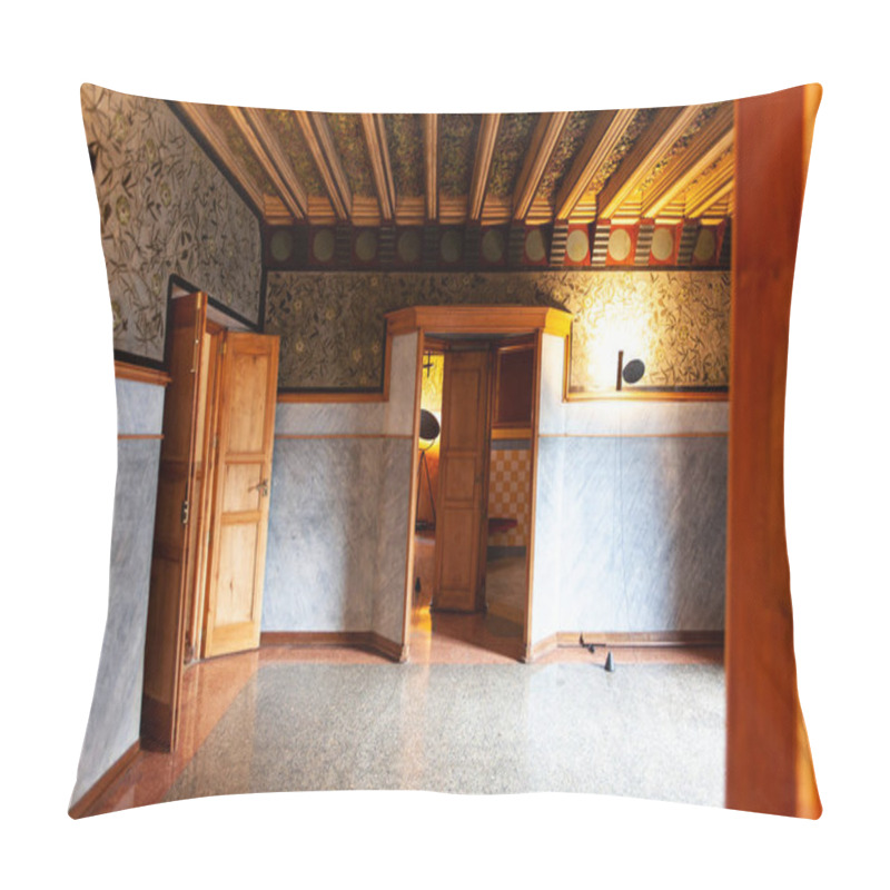 Personality  Place, Spain - Date, 2023: Casa Vicens By Gaudi Displays Stunning Interior Architecture, With Detailed Wall Designs And Wooden Features. The Warm Lighting Highlights The Craftsmanship. Pillow Covers