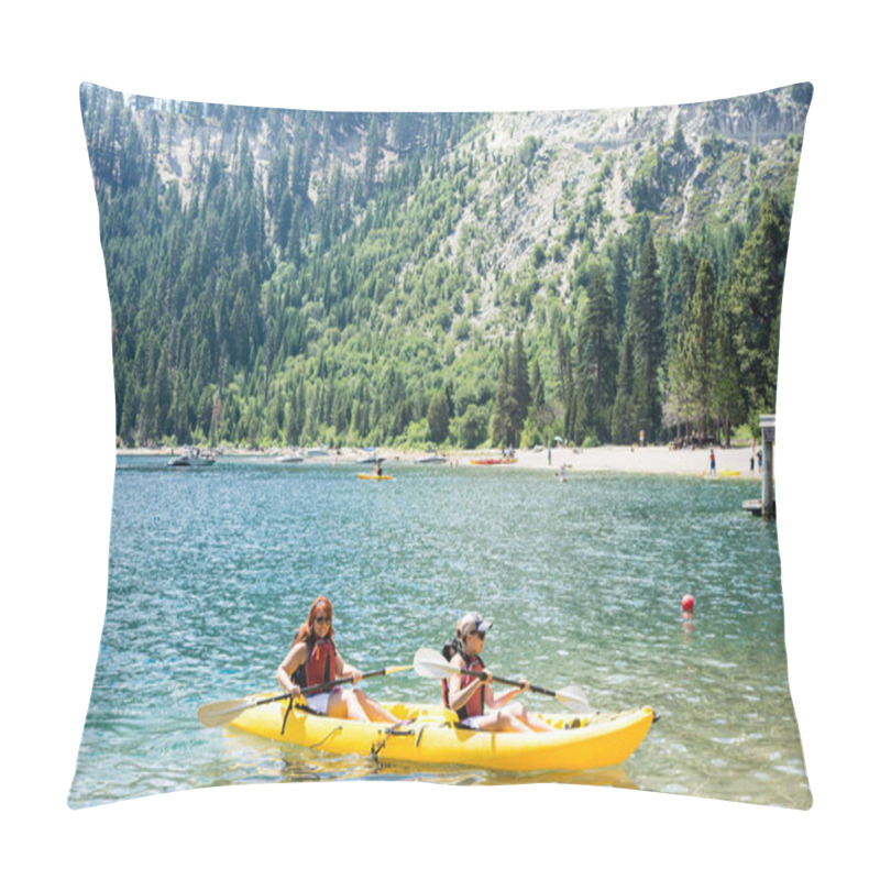 Personality  Two Female Friends Row In A Dual Kayak On Lake Tahoe In Emerald Bay. Concept For Teamwork, Female Friendship, Working Together Pillow Covers