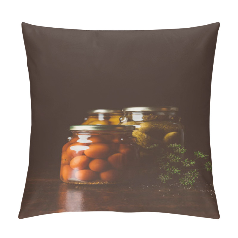 Personality  Glass Jars With Preserved Tomatoes, Cucumbers And Dill On Wooden Table In Dark Kitchen  Pillow Covers