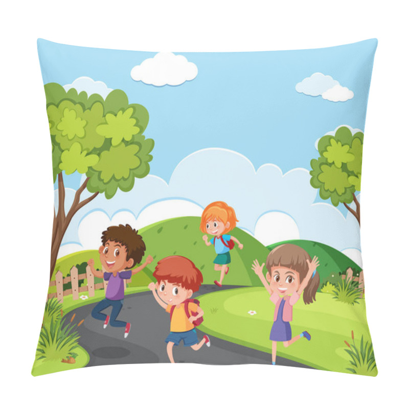 Personality  Children Running Through A Park Illustration Pillow Covers