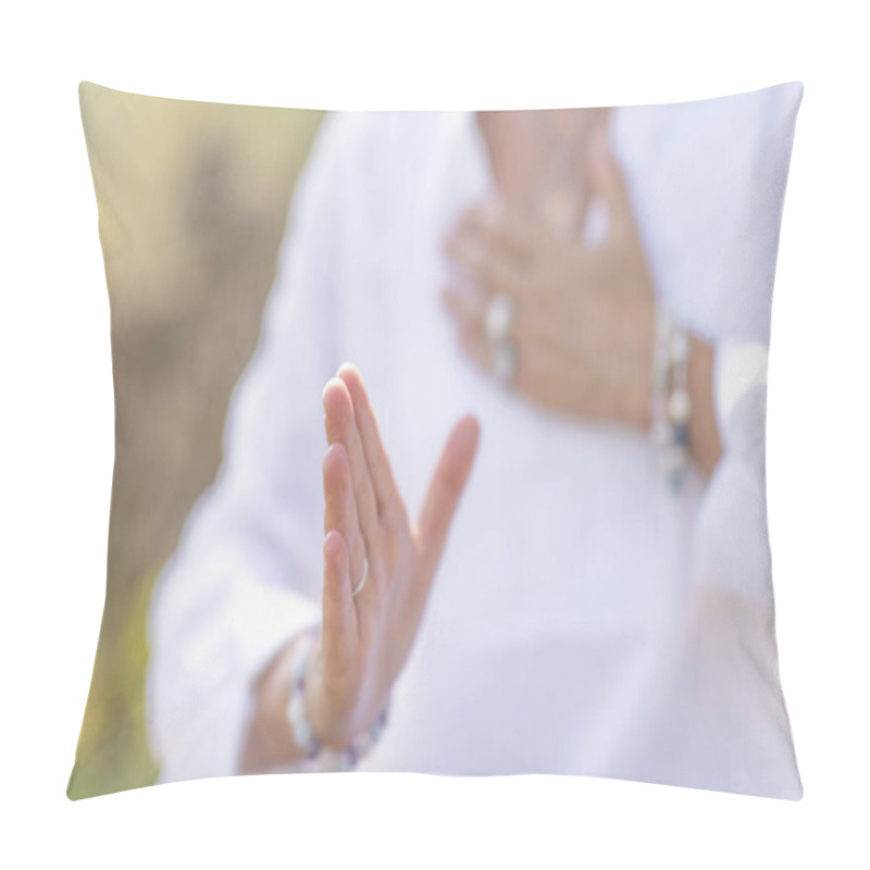 Personality  Female Spiritual Healer Practicing Mindfulness, Sensing And Increasing Positive Energy. Hand Gesture Pillow Covers