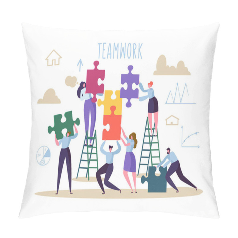 Personality  Business Teamwork Concept. Flat People Characters With Pieces Of Puzzle. Partnership, Solution Cooperation. Vector Illustration Pillow Covers