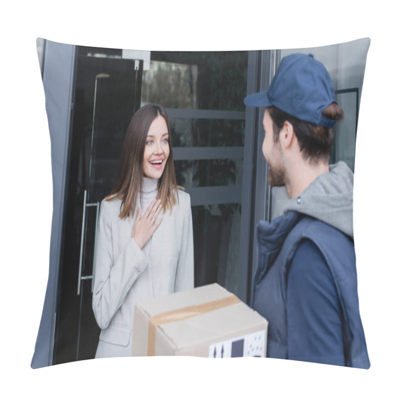 Personality  Excited Woman Looking At Blurred Courier Near Door Of Building Outdoors  Pillow Covers