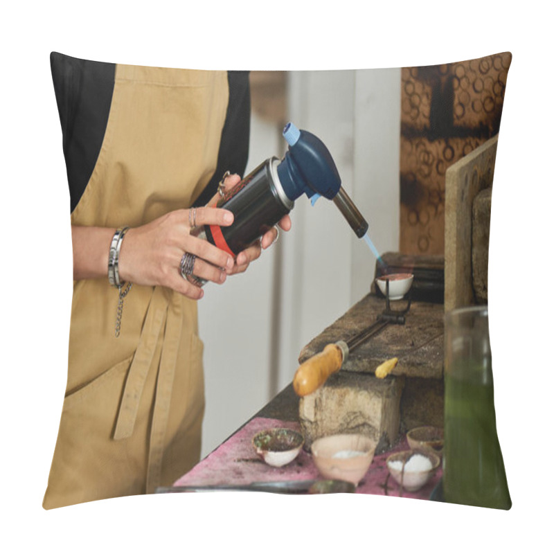 Personality  An Artisan Carefully Uses A Torch To Create Stunning Jewels, Showcasing Craftsmanship In Action. Pillow Covers