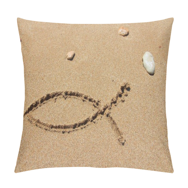 Personality  Christianity Symbol - Religious Fish Shape Drawn In Sand. Catholicism Fish - Ichthus. Pillow Covers