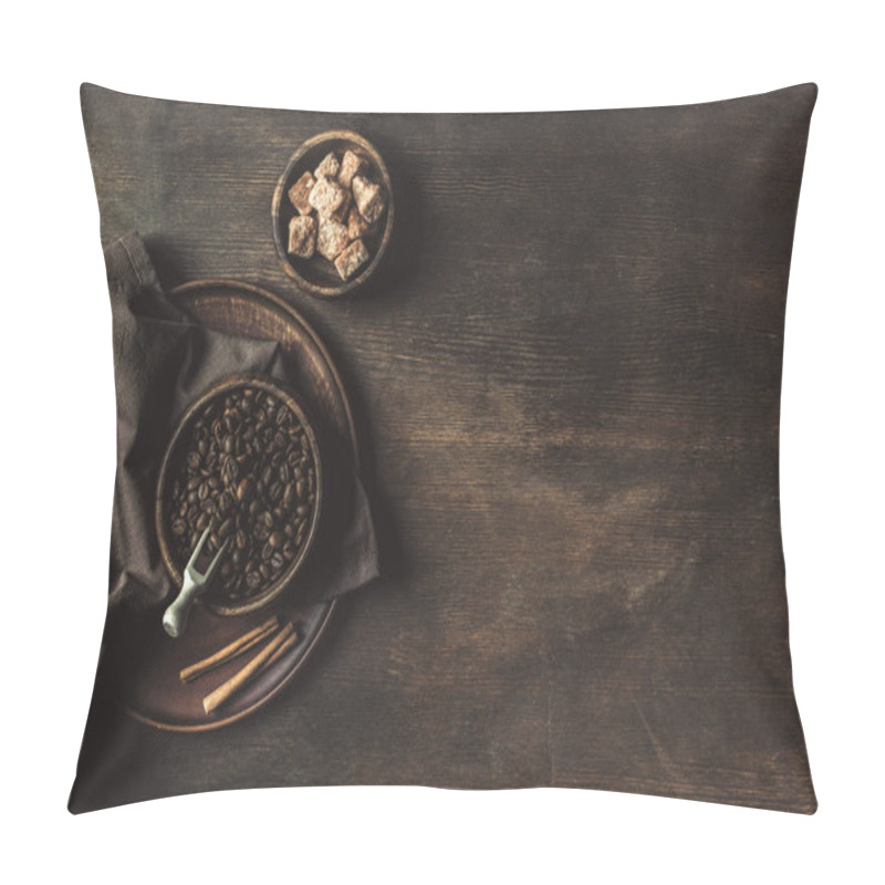 Personality  Coffee Beans And Brown Sugar On Tabletop Pillow Covers