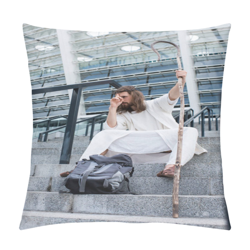 Personality  Jesus In Robe Sitting With Travel Bag And Staff On Stairs Of Stadium And Fixing Crown Of Thorns  Pillow Covers